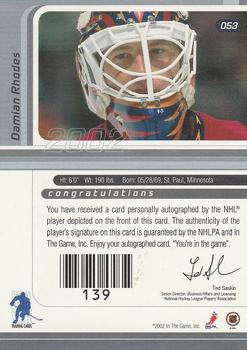 2001-02 Be a Player Signature Series - Autographs #053 Damian Rhodes Back