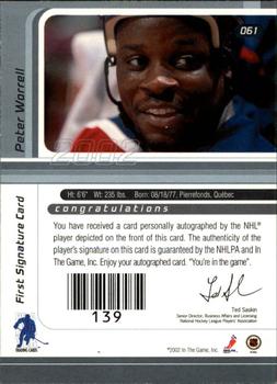 2001-02 Be a Player Signature Series - Autographs #061 Peter Worrell Back