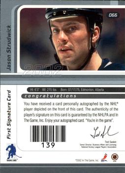 2001-02 Be a Player Signature Series - Autographs #066 Jason Strudwick Back
