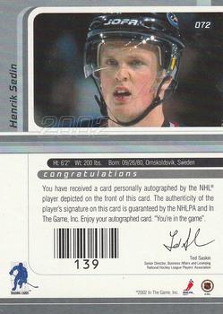 2001-02 Be a Player Signature Series - Autographs #072 Henrik Sedin Back