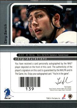 2001-02 Be a Player Signature Series - Autographs #096 Cory Sarich Back