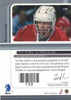 2001-02 Be a Player Signature Series - Autographs #129 Arturs Irbe Back