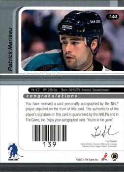 2001-02 Be a Player Signature Series - Autographs #144 Patrick Marleau Back