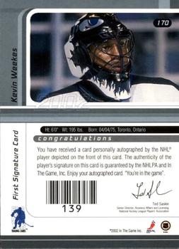 2001-02 Be a Player Signature Series - Autographs #170 Kevin Weekes Back