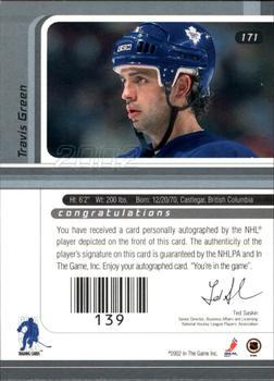 2001-02 Be a Player Signature Series - Autographs #171 Travis Green Back