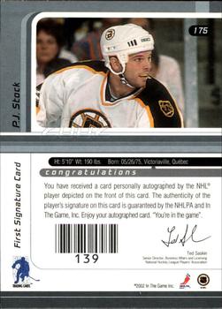 2001-02 Be a Player Signature Series - Autographs #175 P.J. Stock Back