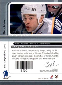 2001-02 Be a Player Signature Series - Autographs #215 Marc Moro Back
