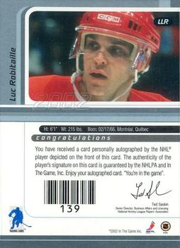 2001-02 Be a Player Signature Series - Autographs #LLR Luc Robitaille Back