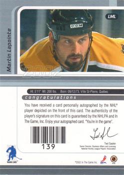 2001-02 Be a Player Signature Series - Autographs #LML Martin Lapointe Back