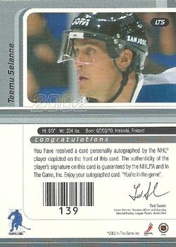 2001-02 Be a Player Signature Series - Autographs #LTS Teemu Selanne Back