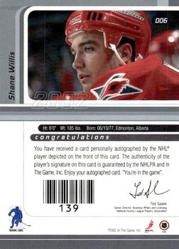 2001-02 Be a Player Signature Series - Autographs Gold #006 Shane Willis Back