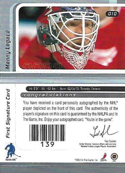 2001-02 Be a Player Signature Series - Autographs Gold #010 Manny Legace Back