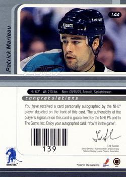 2001-02 Be a Player Signature Series - Autographs Gold #144 Patrick Marleau Back