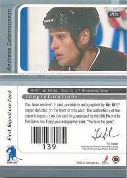 2001-02 Be a Player Signature Series - Autographs Gold #203 Andreas Salomonsson Back