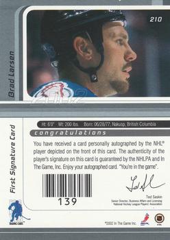 2001-02 Be a Player Signature Series - Autographs Gold #210 Brad Larsen Back
