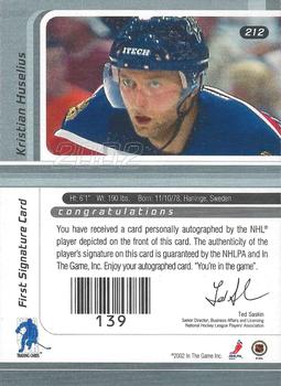 2001-02 Be a Player Signature Series - Autographs Gold #212 Kristian Huselius Back