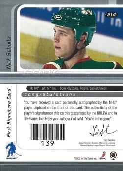 2001-02 Be a Player Signature Series - Autographs Gold #214 Nick Schultz Back