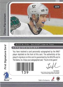 2001-02 Be a Player Signature Series - Autographs Gold #224 Timo Parssinen Back