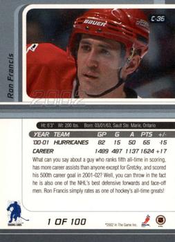 2001-02 Be a Player Signature Series - Certified 100 #C-36 Ron Francis Back