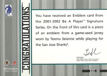 2001-02 Be a Player Signature Series - Emblems #GUE-8 Teemu Selanne Back