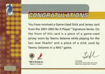 2001-02 Be a Player Signature Series - Jersey and Stick Cards #GSJ-8 Teemu Selanne Back