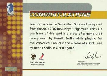 2001-02 Be a Player Signature Series - Jersey and Stick Cards #GSJ-13 Henrik Sedin Back
