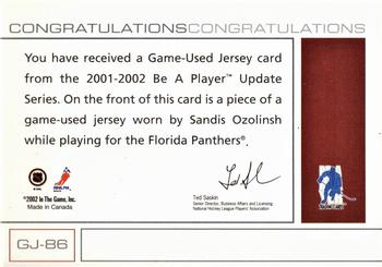 2001-02 Be a Player Signature Series - Jerseys #GJ-86 Sandis Ozolinsh Back