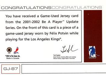 2001-02 Be a Player Signature Series - Jerseys #GJ-87 Felix Potvin Back