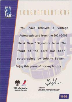 2001-02 Be a Player Signature Series - Vintage Autographs #VA-10 Johnny Bower Back