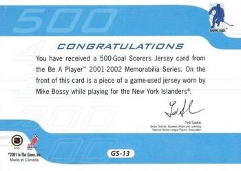 2001-02 Be a Player Memorabilia - 500 Goal Scorers Jersey #GS-13 Mike Bossy Back