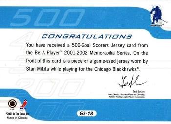 2001-02 Be a Player Memorabilia - 500 Goal Scorers Jersey #GS-18 Stan Mikita Back