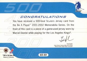 2001-02 Be a Player Memorabilia - 500 Goal Scorers Jersey #GS-03 Marcel Dionne Back