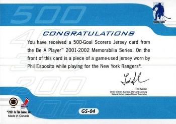 2001-02 Be a Player Memorabilia - 500 Goal Scorers Jersey #GS-04 Phil Esposito Back