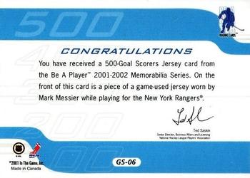 2001-02 Be a Player Memorabilia - 500 Goal Scorers Jersey #GS-06 Mark Messier Back