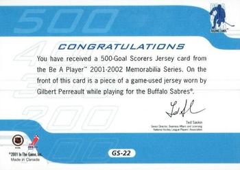 2001-02 Be a Player Memorabilia - 500 Goal Scorers Jersey #GS-22 Gilbert Perreault Back
