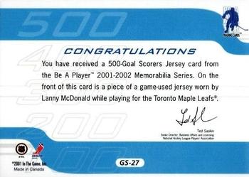 2001-02 Be a Player Memorabilia - 500 Goal Scorers Jersey #GS-27 Lanny McDonald Back