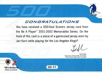 2001-02 Be a Player Memorabilia - 500 Goal Scorers Jersey #GS-11 Jari Kurri Back