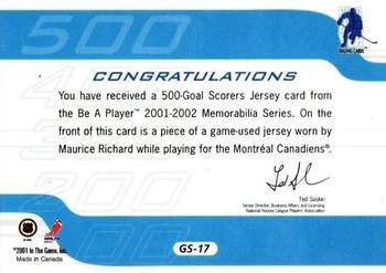 2001-02 Be a Player Memorabilia - 500 Goal Scorers Jersey #GS-17 Maurice Richard Back