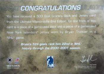 2001-02 Be A Player Ultimate Memorabilia - 500 Goal Scorers Jerseys and Sticks #16 Bryan Trottier Back