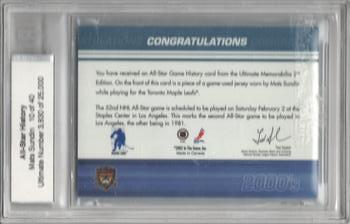 2001-02 Be A Player Ultimate Memorabilia - All-Star History #NNO Mats Sundin Back
