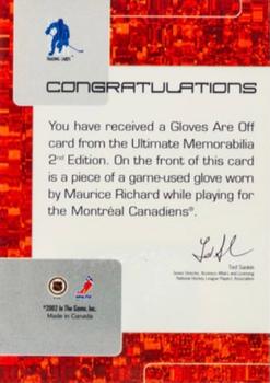 2001-02 Be A Player Ultimate Memorabilia - Gloves Are Off #1 Maurice Richard Back