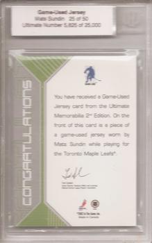 2001-02 Be A Player Ultimate Memorabilia - Jerseys #NNO Mats Sundin Back