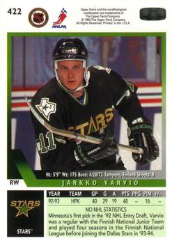 1993-94 Upper Deck #422 Jarkko Varvio Back