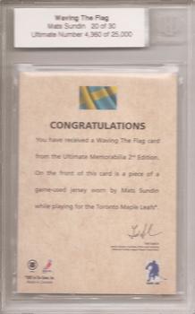 2001-02 Be A Player Ultimate Memorabilia - Waving the Flag #NNO Mats Sundin Back