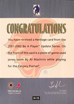 2001-02 Be a Player Update - Heritage #H15 Al MacInnis Back