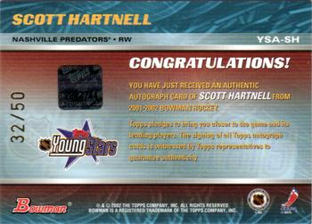 2001-02 Bowman YoungStars - Autographs #YSA-SH Scott Hartnell Back