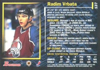 2001-02 Bowman YoungStars - Ice Cubed #137 Radim Vrbata Back