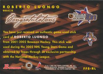 2001-02 Bowman YoungStars - Fabric of the Future Stick #FFS-RL Roberto Luongo Back