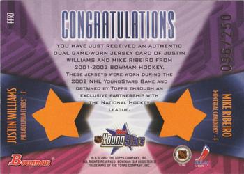 2001-02 Bowman YoungStars - Fabric of the Future Rivals #FFR7 Mike Ribeiro / Justin Williams Back