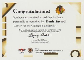 2001-02 Fleer Greats of the Game - Autographs #NNO Denis Savard Back